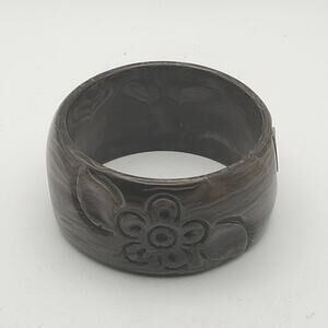 Carved Brown Marbled Floral Wide Bangle Bracelet Lucite Style Acrylic Retro